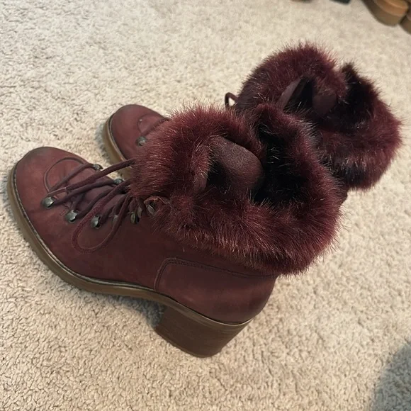 Steve Madden Huck Burgundy Leather Faux Fur Lace-Up Boots - Picture 5 of 8
